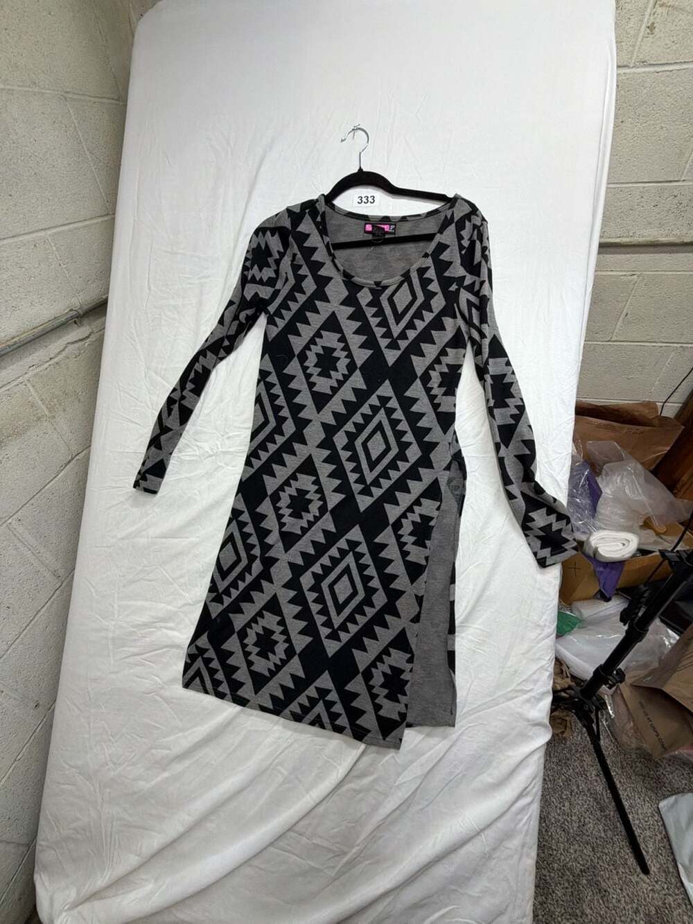 SayWhat Long Sleeve Aztec Print Scoop Neck Mini Dress Gray Black Size L